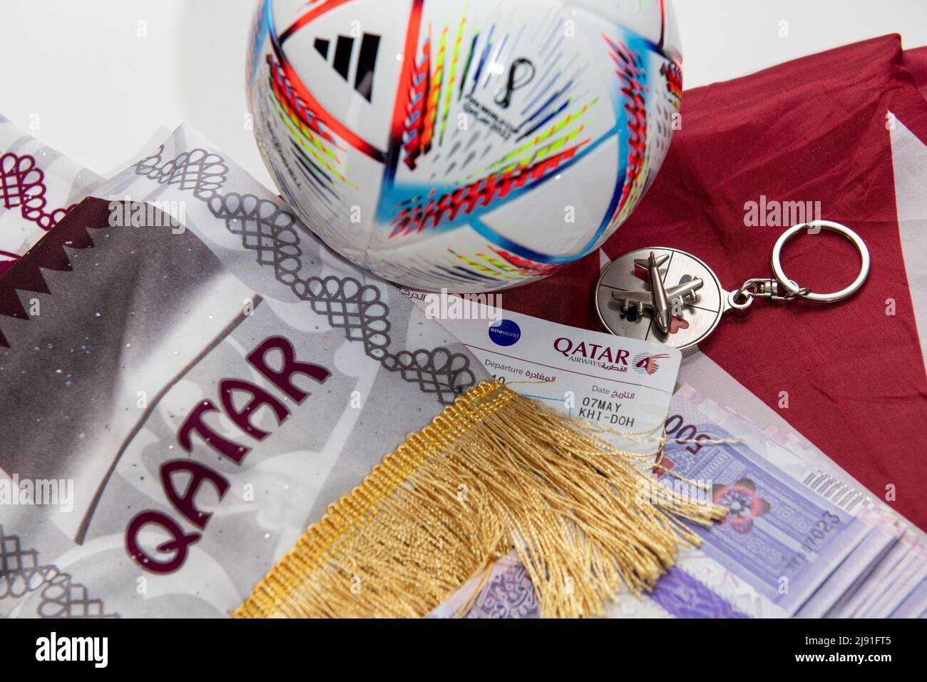 Qatar Fifa Football world cup travel plane. Sports and travel concept Stock Photo