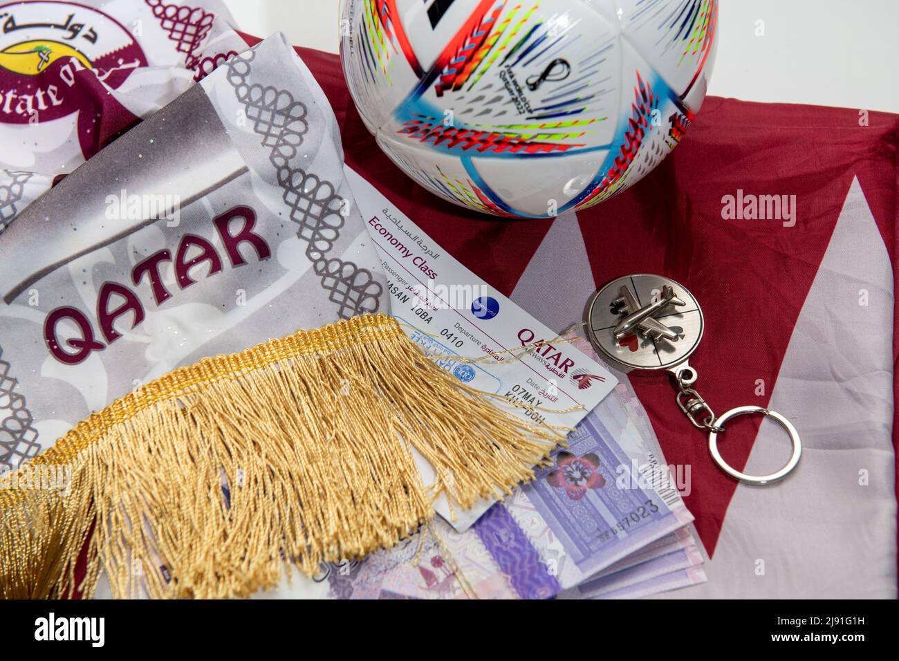 Qatar Fifa Football world cup travel plane. Sports and travel concept Stock Photo