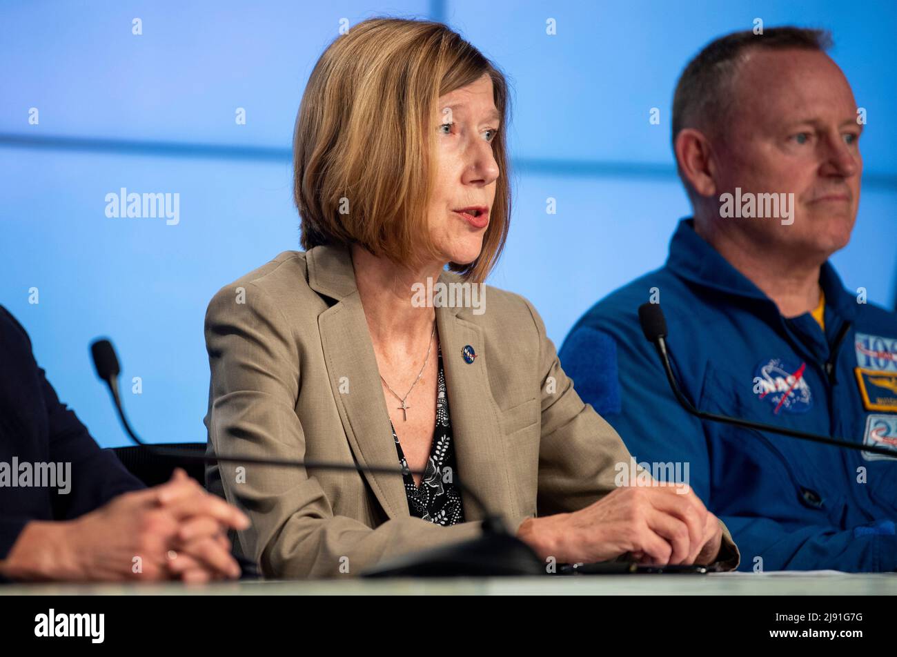 Cape Canaveral, United States of America. 18 May, 2022. NASA Kathy Lueders, associate administrator for Space Operations Mission Directorate, responds to a question during a press conference ahead of the launch of the United Launch Alliance Atlas V rocket carrying the Boeing CST-100 Starliner spacecraft aboard at the Kennedy Space Center, May 18, 2022 in Cape Canaveral, Florida. The Orbital Flight Test-2 will be second un-crewed flight test and will dock to the International Space Station and is expected to lift off May 19th. Credit: Joel Kowsky/NASA/Alamy Live News Stock Photo
