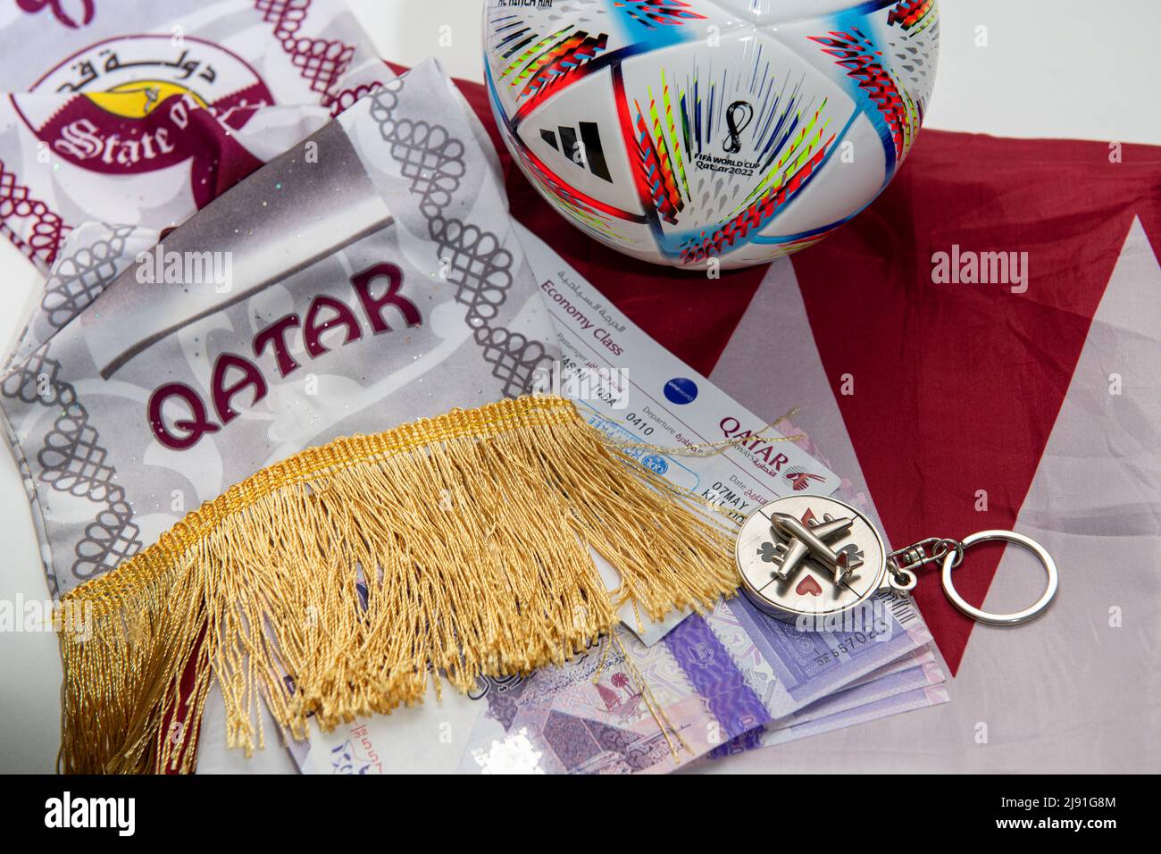 Qatar Fifa Football world cup travel plane. Sports and travel concept Stock Photo