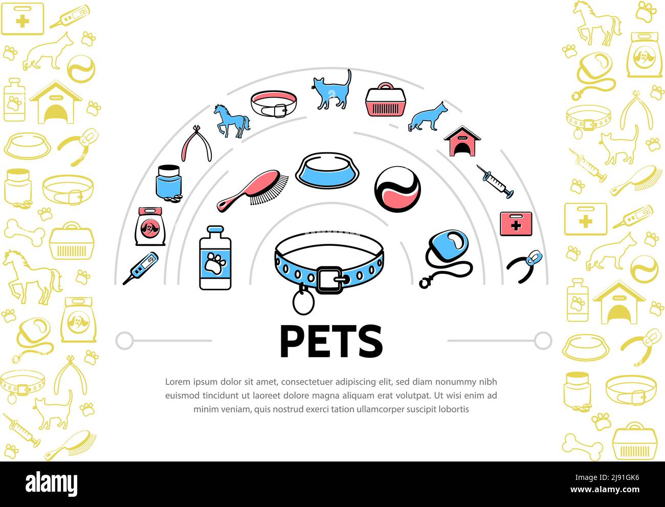 Pets colorful line icons template with cat dog collars horse medical instruments leash carriers feed comb nail clippers isolated vector illustration Stock Vector