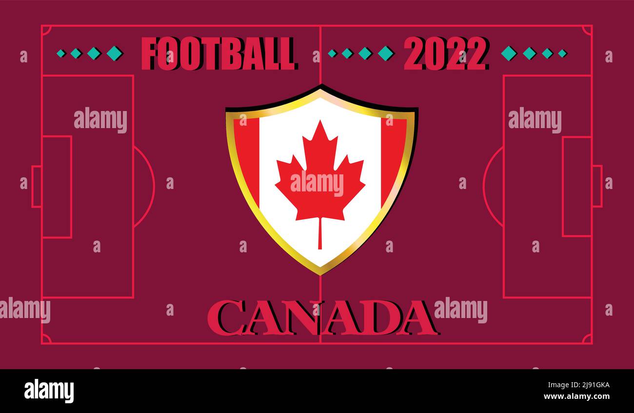 FIFA world cup Qatar 2022. Team Canada flag design and text on soccer field background