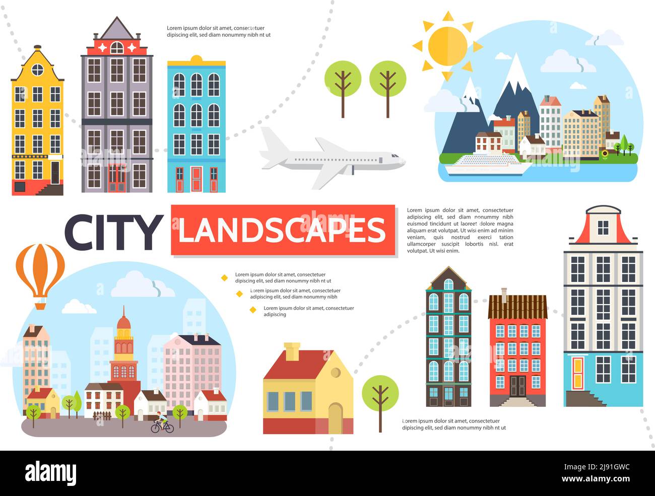 Flat cityscape infographic template with modern buildings trees sun mountains sky airplane hot air balloon ship vector illustration Stock Vector