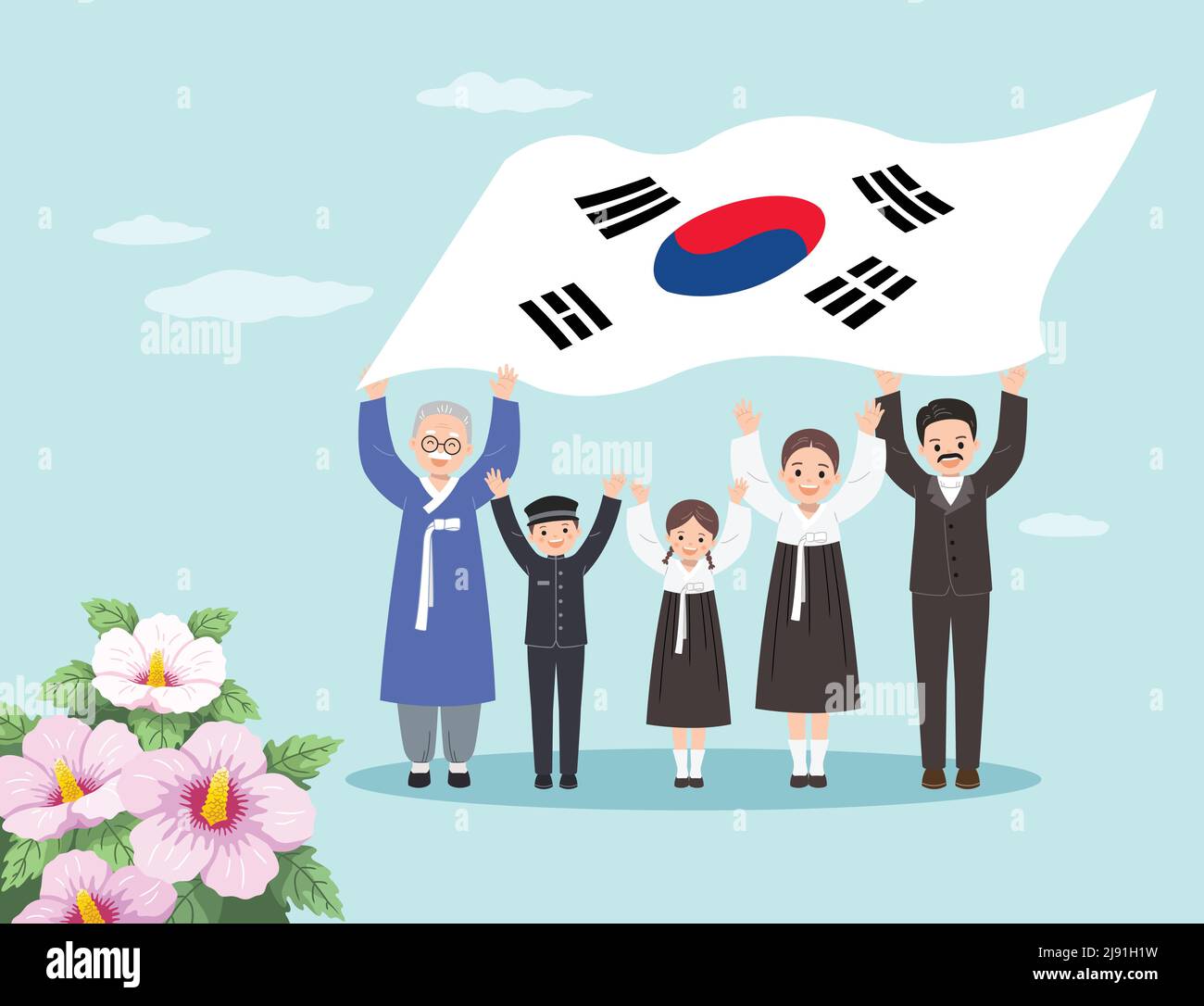 National Liberation day of Korea. People in traditional Hanbok attire celebrate by waving Taegeukgi. Stock Vector