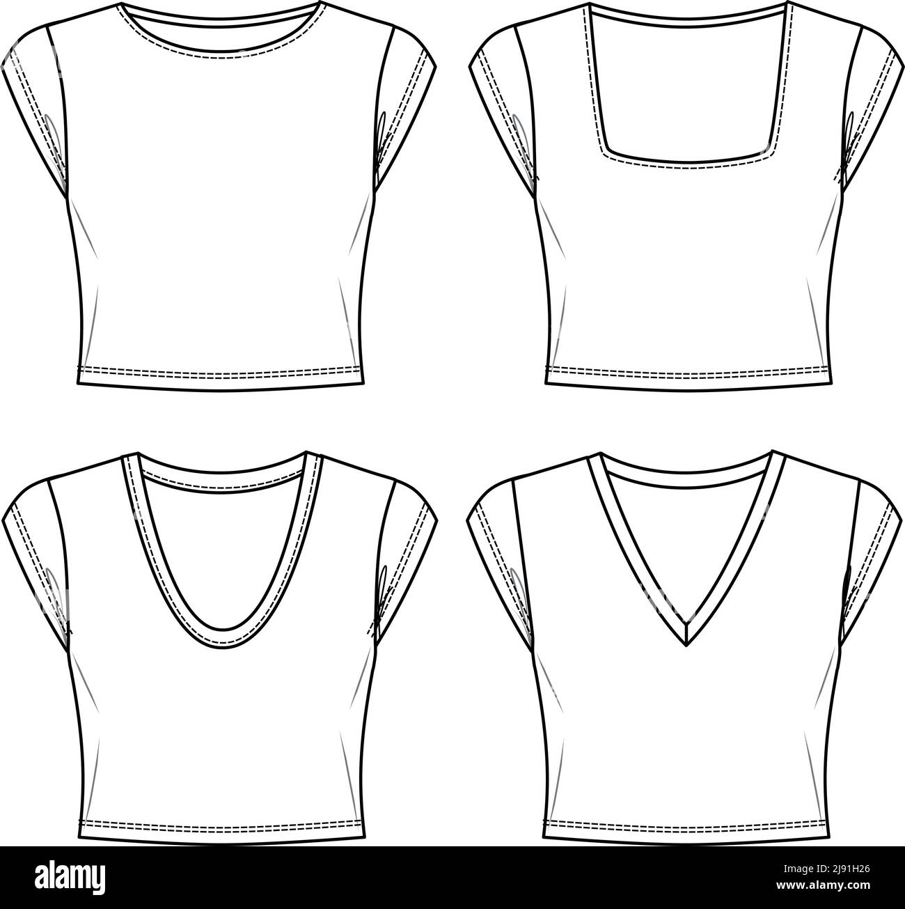 Vector crop top fashion CAD, woman round neck short sleeved t shirt technical drawing, slim fit 4 pieces set crop blouse template, sketch, flat. Jerse Stock Vector