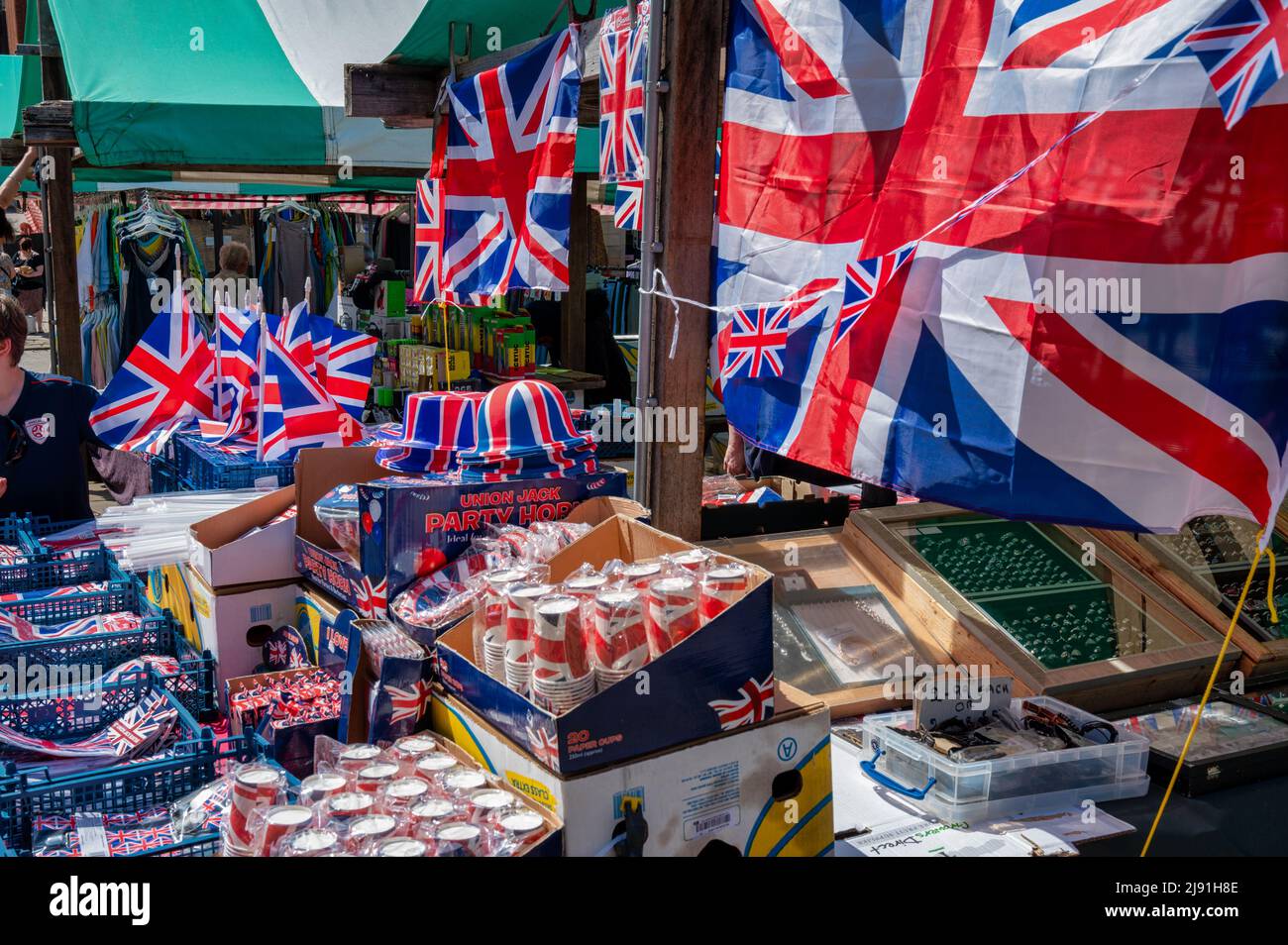 Bakewell, England- May 14, 2022: Decorations and union jack flags for sale for the Queens Platinum Jubilee Stock Photo