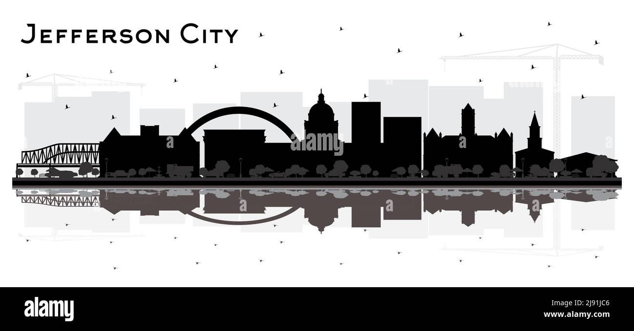 Jefferson City Missouri Skyline Silhouette with Black Buildings and Reflections Isolated on White. Vector Illustration. Tourism Concept. Stock Vector