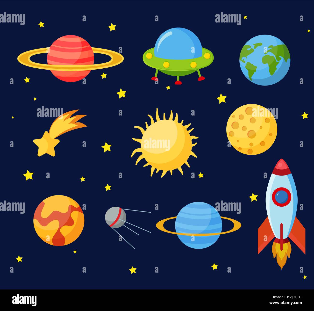 Cosmos set concept. Set on a space theme, including a transport, planets and related objects, satellites, instruments for tracking the cosmos. Vector Stock Vector