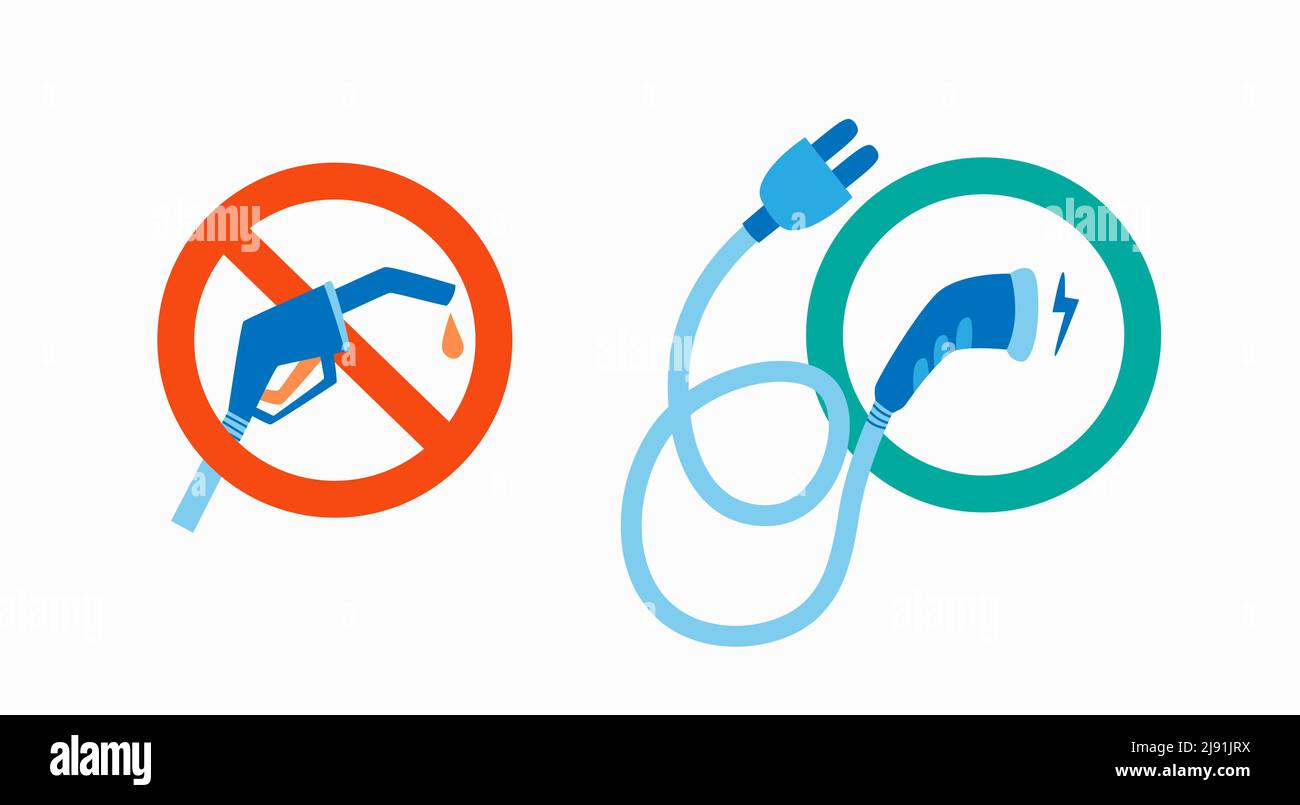 Gasoline pistol for refueling a car in a prohibitory sign. Electric car charging gun in green circle. Vector isolated illustration. Stock Vector