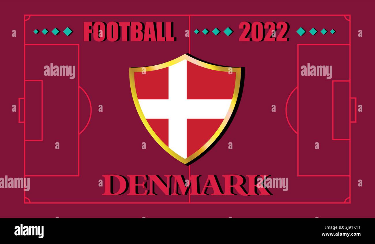 FIFA world cup Qatar 2022. Team Denmark flag design and text on soccer field background. vector illustration. eps 10 Stock Vector