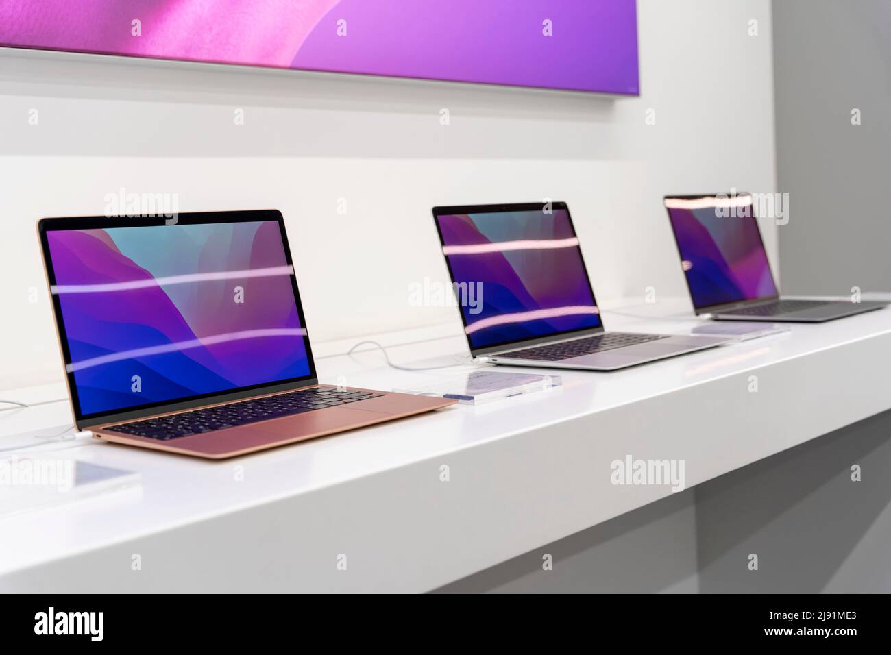 sale of modern laptops in electronics stores. exhibition hall of