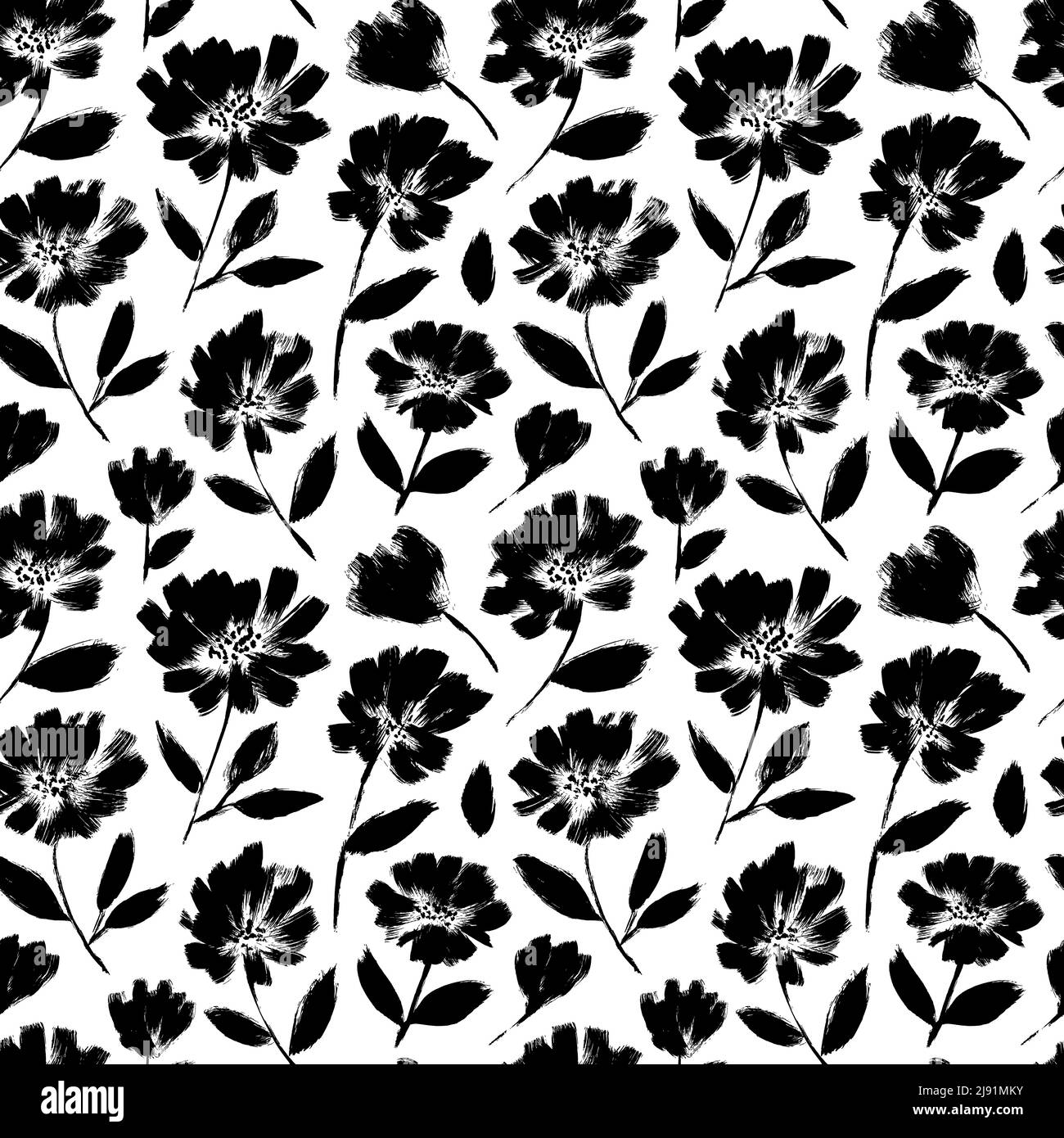 Ink drawing black flowers vector seamless pattern. Stock Vector