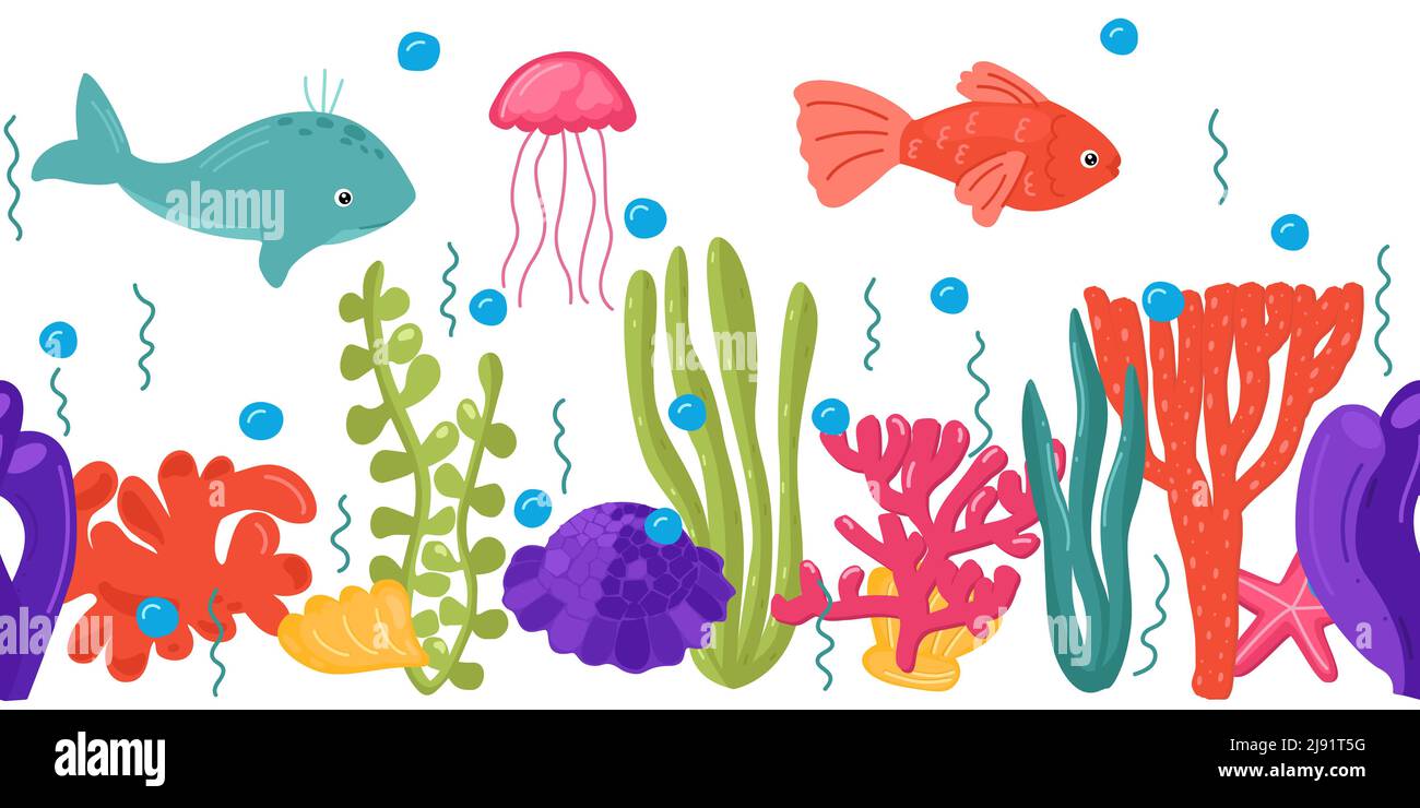 Vector illustration of seaweeds and sea animals. Underwater life ...
