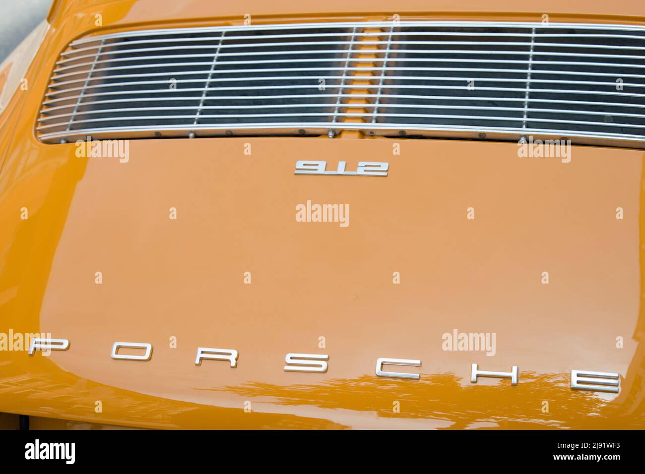 Madrid, Spain; 04172022: Close up of the back of a Porsche 912. Bright yellow. Stock Photo