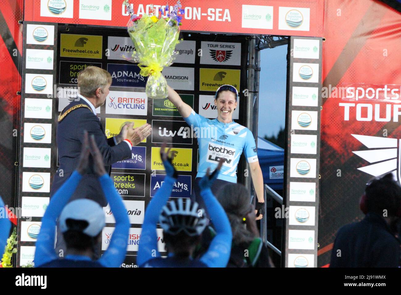 Clacton-on-Sea, UK. 19th May 2022. Cycling event Tour Series 2022 round 5 at Clacton-on-sea, Essex. Sammie Stuart of team Brother UK – LDN  celebrates winning round 5 of the women's race. She also clocked the fastest lap time. The Tour Series is Britain's leading circuit race series, with each round comprising of a race lasting one hour plus an additional five laps.  The winners are those with the most points accumulated over the rounds. Credit: Eastern Views/Alamy Live News Stock Photo