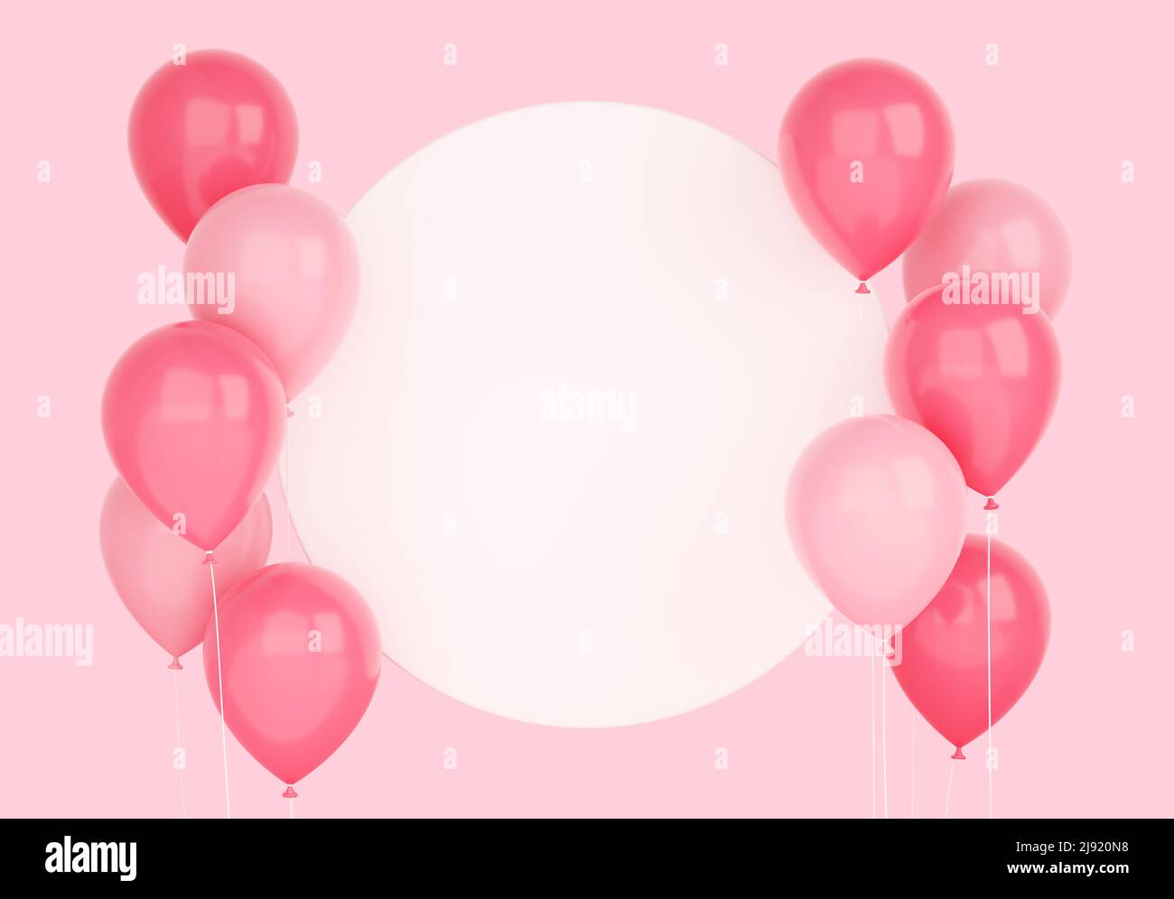 Glossy flying pink balloons with round white banner 3d render ...