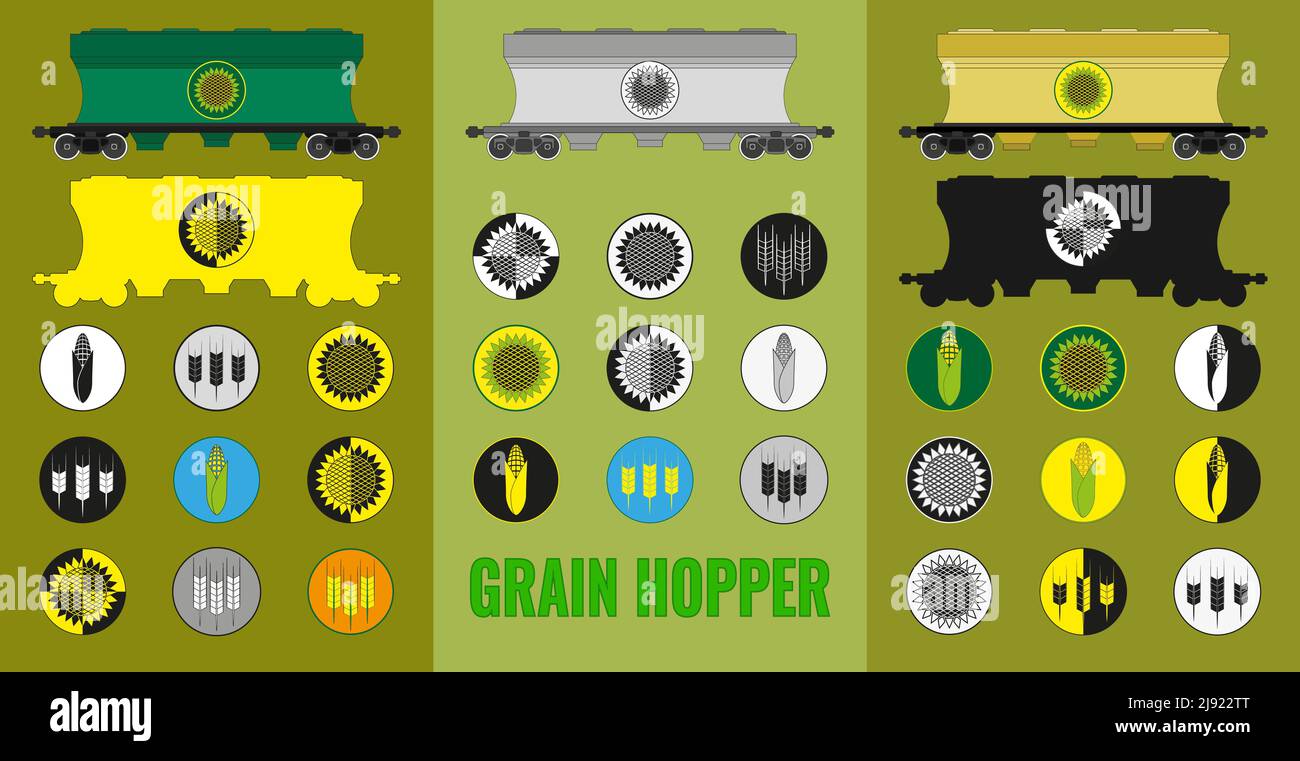 Icon set Hopper car for bulk transportation of grain, corn, sunflower