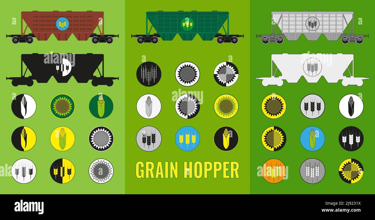 Icon set Hopper car for bulk transportation of grain, corn, sunflower