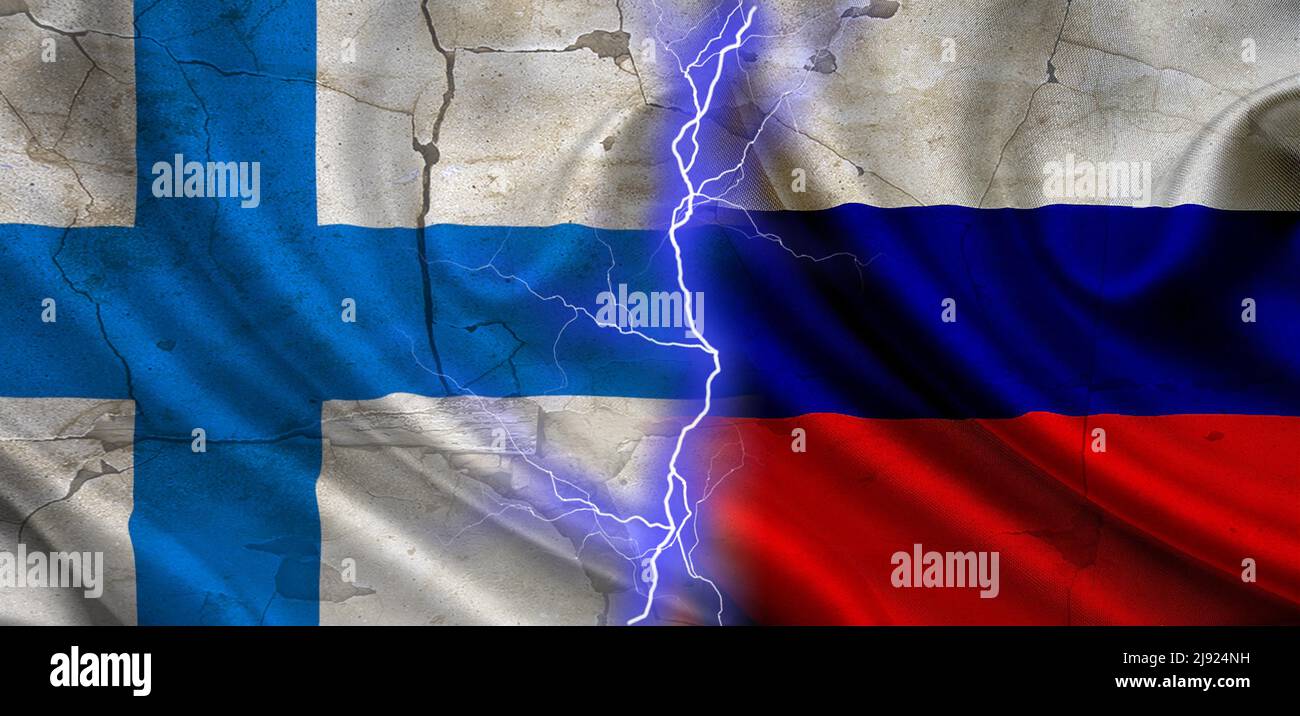 Flag of Russia vs Finland, concept of confrontation between Russia and Finland, cracked wall with flag of russia and finland, confrontation between Stock Photo