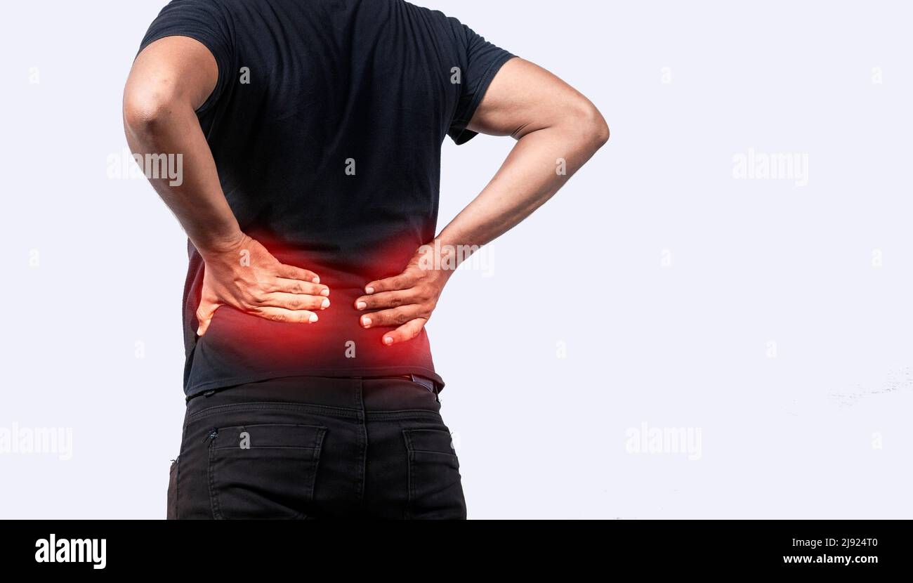 A sore man with back pain, Man with spine problems, person with back problems on isolated background, lumbar problems concept Stock Photo