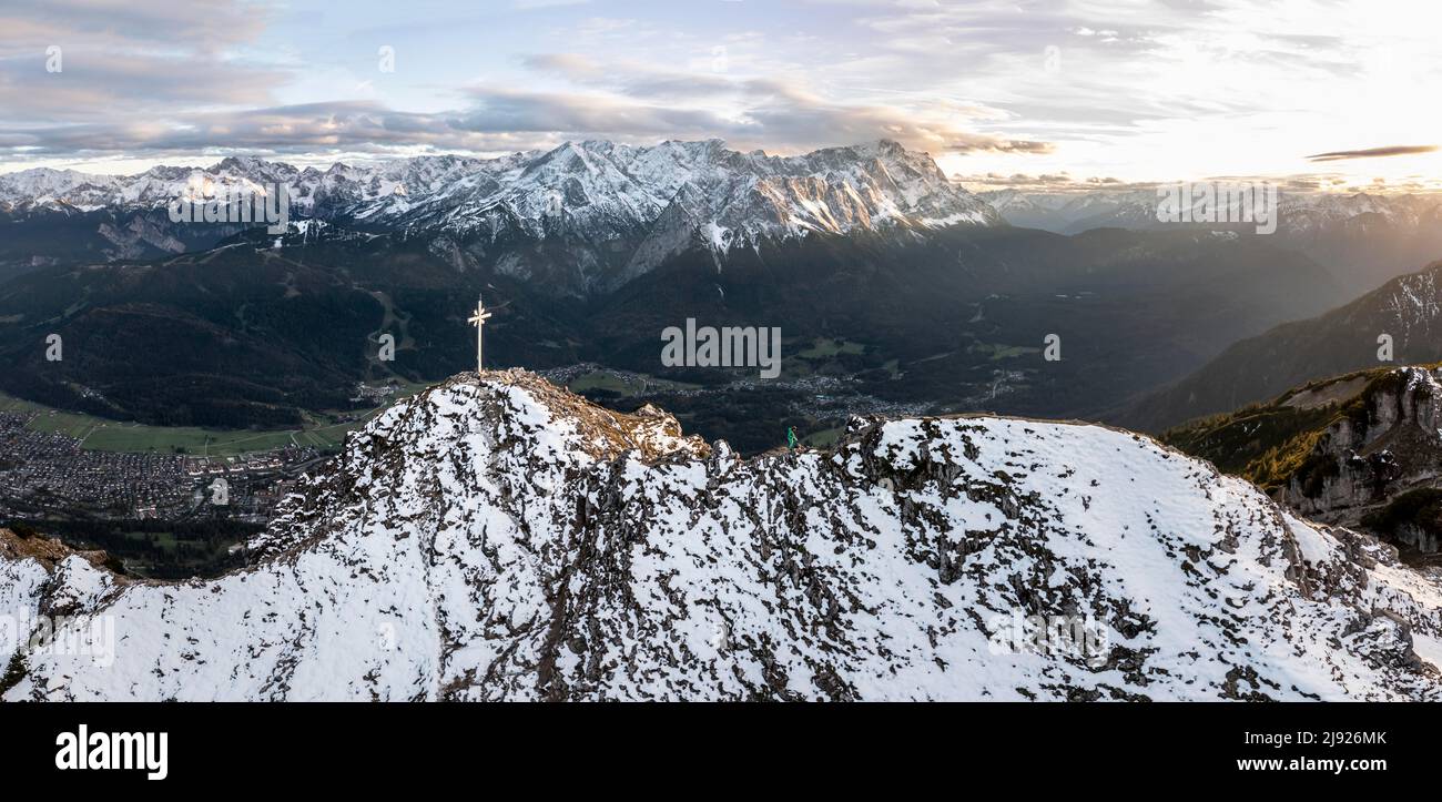 Alpine panorama with Zugspitze, aerial view, mountains with snow in the evening, summit of Kramer, Garmisch, Bavaria, Germany Stock Photo