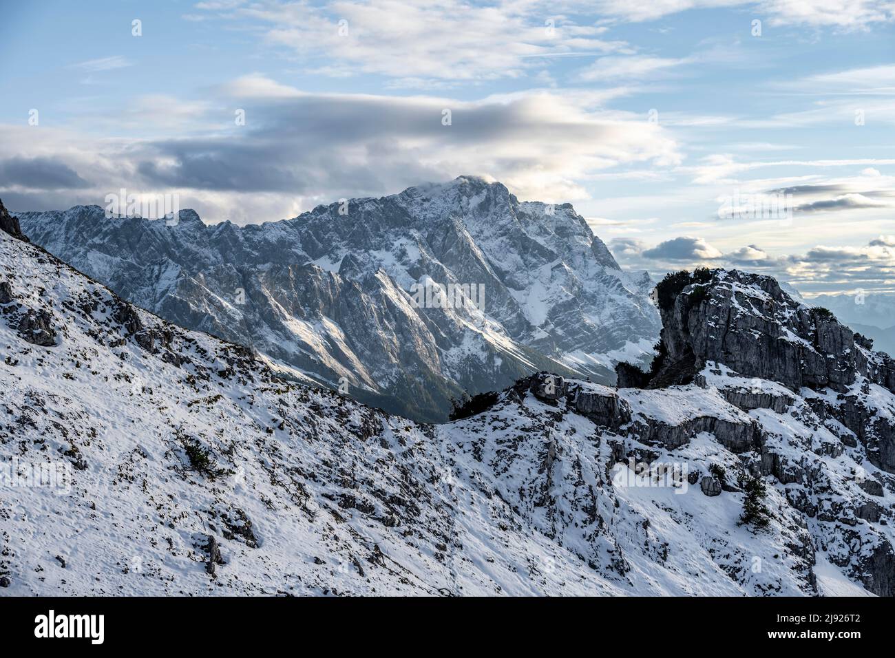 Zugspitze, mountains with snow, mountain landscape, Wetterstein mountains, evening mood, Bavaria, Germany Stock Photo