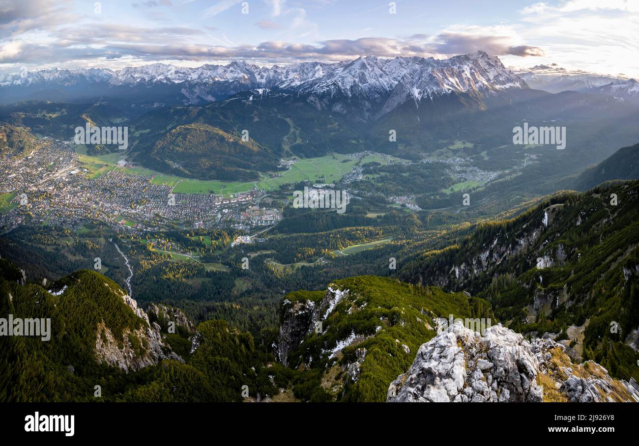Sunset at the Kramerspitz, Wetterstein Mountains and Zugspitze in the background, Bavaria, Germany Stock Photo