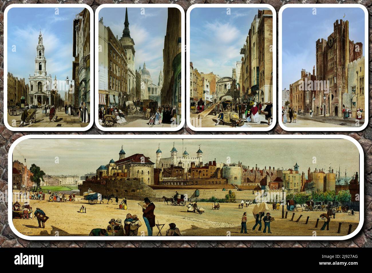 Beautiful London paintings depicting the main streets and monuments, dating back to the late 1800s. Stock Photo
