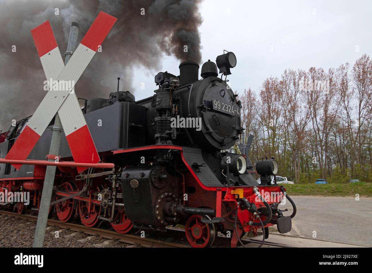 Locomotive, Molli steam train, St. Andrew's cross, Kuehlungsborn Ost, Mecklenburg-Western Pomerania, Germany Stock Photo