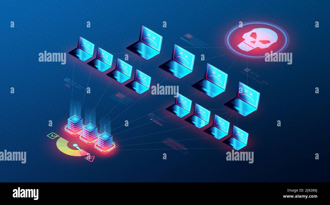 Distributed Denial-of-Service - DDoS Attack Concept - An Attacker Disrupting the Traffic of a Targeted Server or Network Using a Botnet - 3D Illustrat Stock Photo