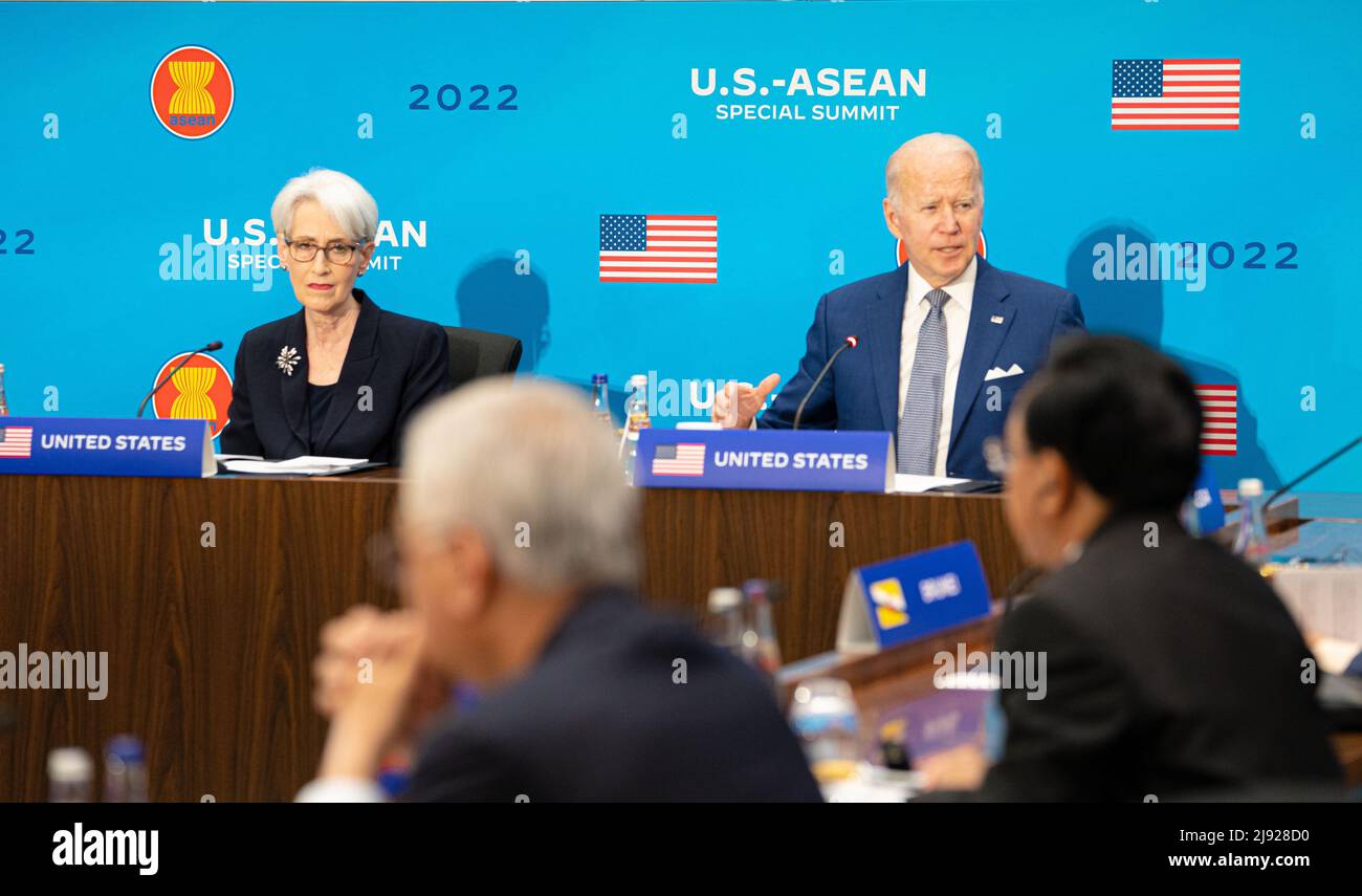 Washington, United States of America. 13 May, 2022. U.S President Joe Biden, and Deputy Secretary of State Wendy Sherman, left, during the opening session of the U.S. - ASEAN Special Summit at the Department of State, May 13, 2022 in Washington, D.C.  Credit: Freddie Everett/U.S. State Department/Alamy Live News Stock Photo