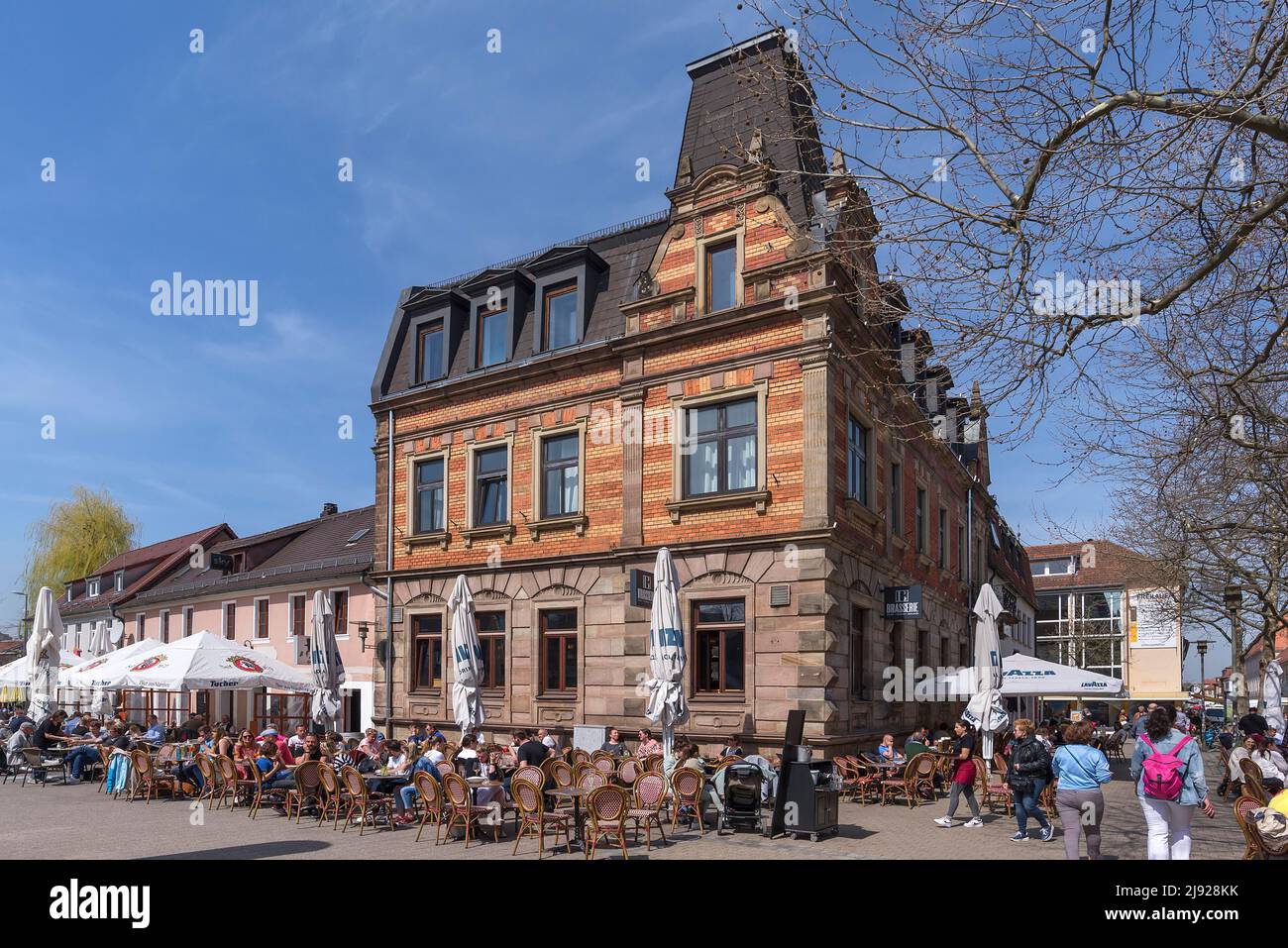 Lively outdoor gastronomy in the pedestrian zone, Erlangen, Middle Franconia, Bavaria, Germany Stock Photo