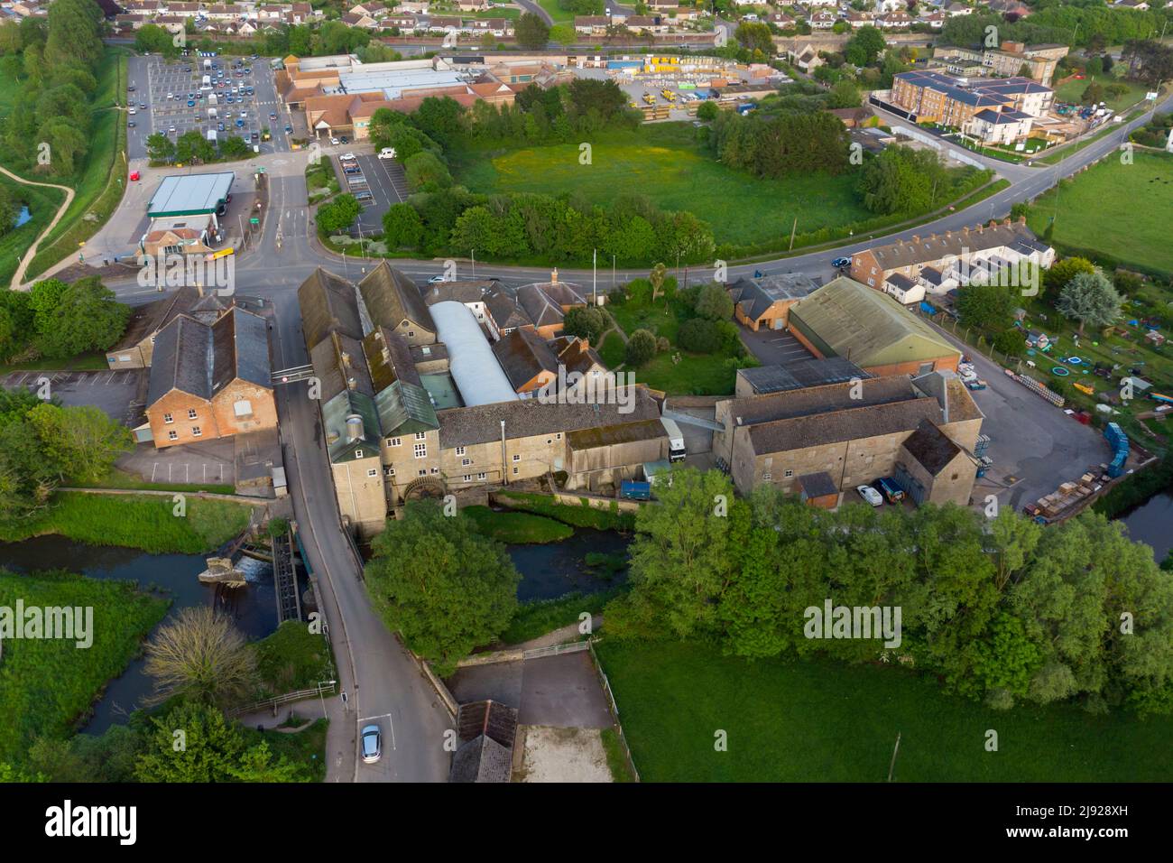 General view from the air of the historic JC & RH Palmers Ltd The Old Brewery which sits next to the river Brit at Bridport in Dorset.  The brewery wa Stock Photo