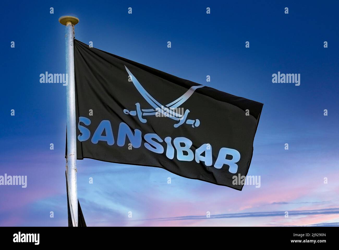 Flag of the cult restaurant Sansibar in the dunes of Ratum, Sylt, North Frisian Islands, North Frisia, Schleswig-Holstein, Germany Stock Photo