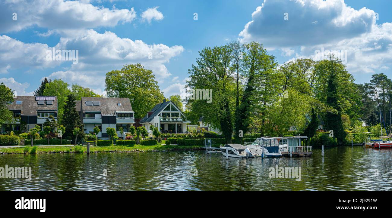 Small boat docks and houses on the Havel between Berlin and Brandenburg ...