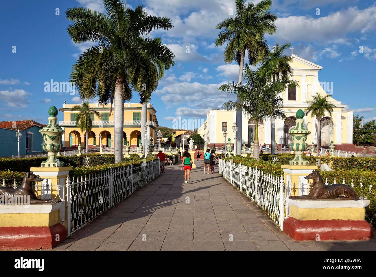 Main square, Plaza Mayor, historic city centre, old town, royal palm (Roystonea regia), back left Romantic Museum, Museo Romantico in the Brunet Stock Photo