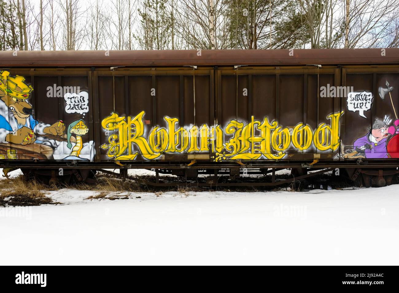 Graffity on disused railway carriage, Vaermland, Sweden Stock Photo