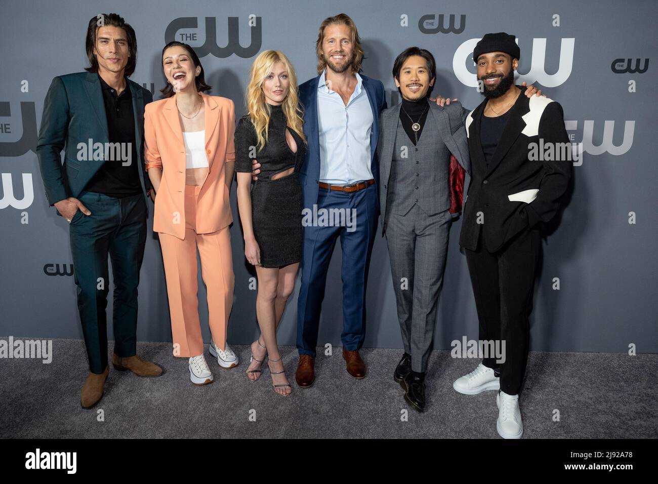 New York, USA. 18th May, 2022. (L-R) Justin Johnson Cortez, Katie Findlay, Katherine McNamara, Matt Barr, Lawrence Kao and Philemon Chambers attend The CW Networks's 2022 New York Upfront Presentation at New York City Center in New York, New York, on May 19, 2022. (Photo by Gabriele Holtermann/Sipa USA) Credit: Sipa USA/Alamy Live News Stock Photo