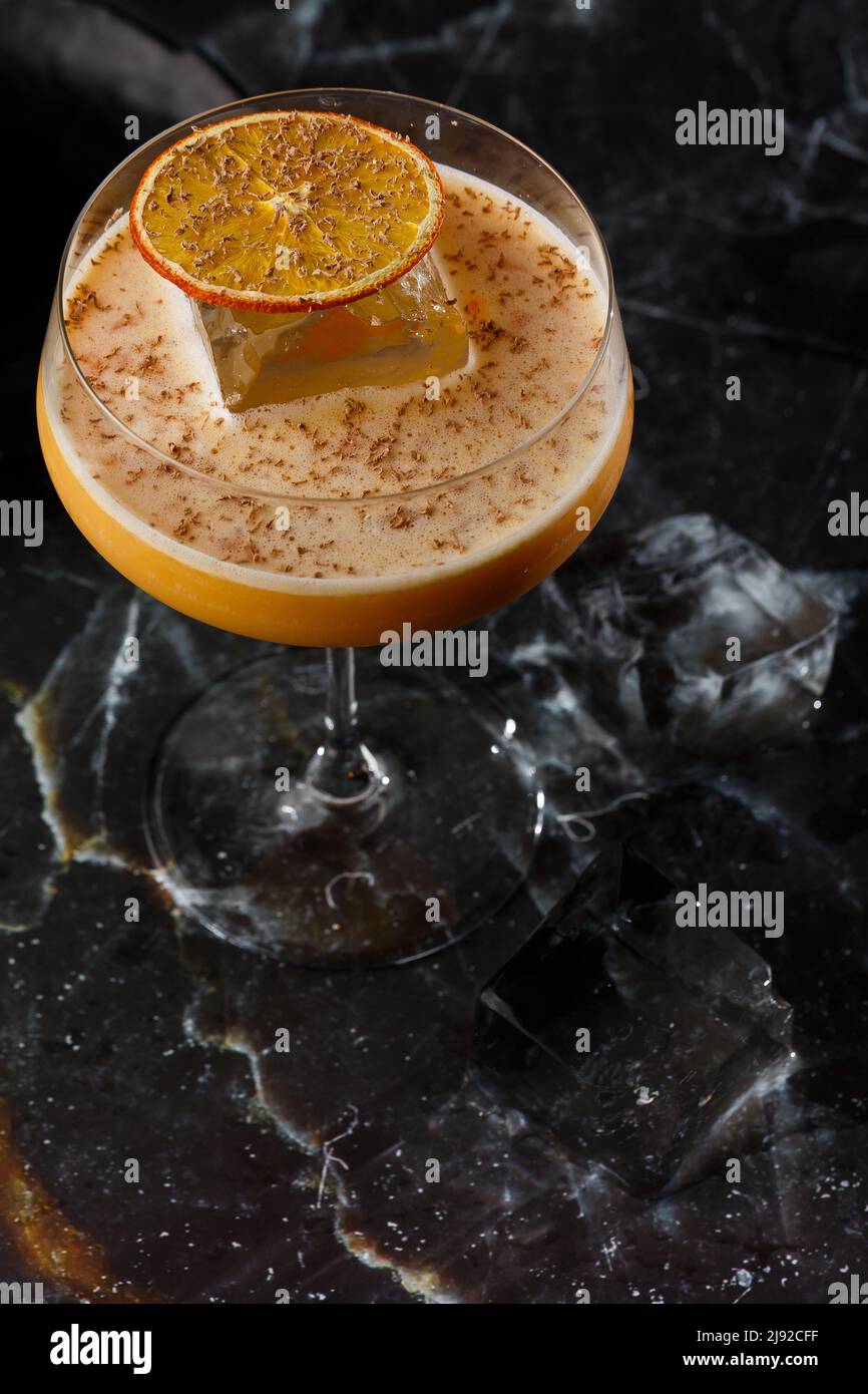 Porto flip - an alcoholic cocktail of the long drink, prepared on the basis of port wine and brandy, a kind of flip. It is classified as a long drink Stock Photo