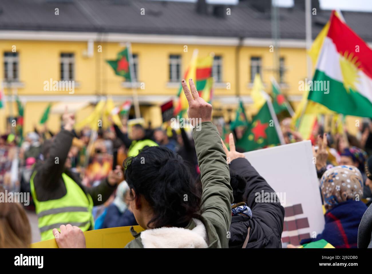 Helsinki, Finland - October 12, 2019: Peaceful rally in downtown Helsinki by the Kurds in Finland against military incursion of Turkey into Northern S Stock Photo