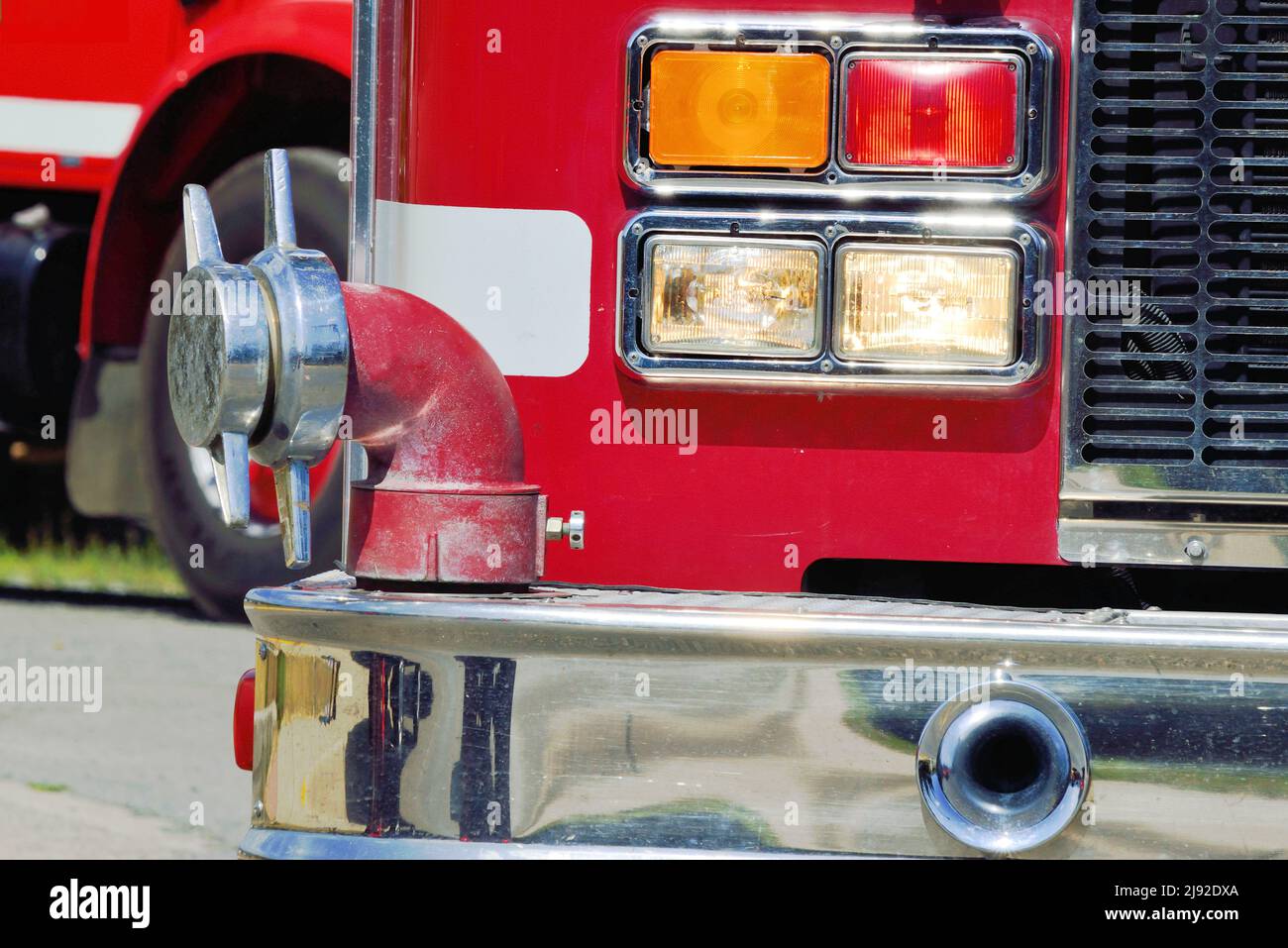 Isolated rear of an emergency vehicle, with bank of lights that wilil flash when needed. Stock Photo