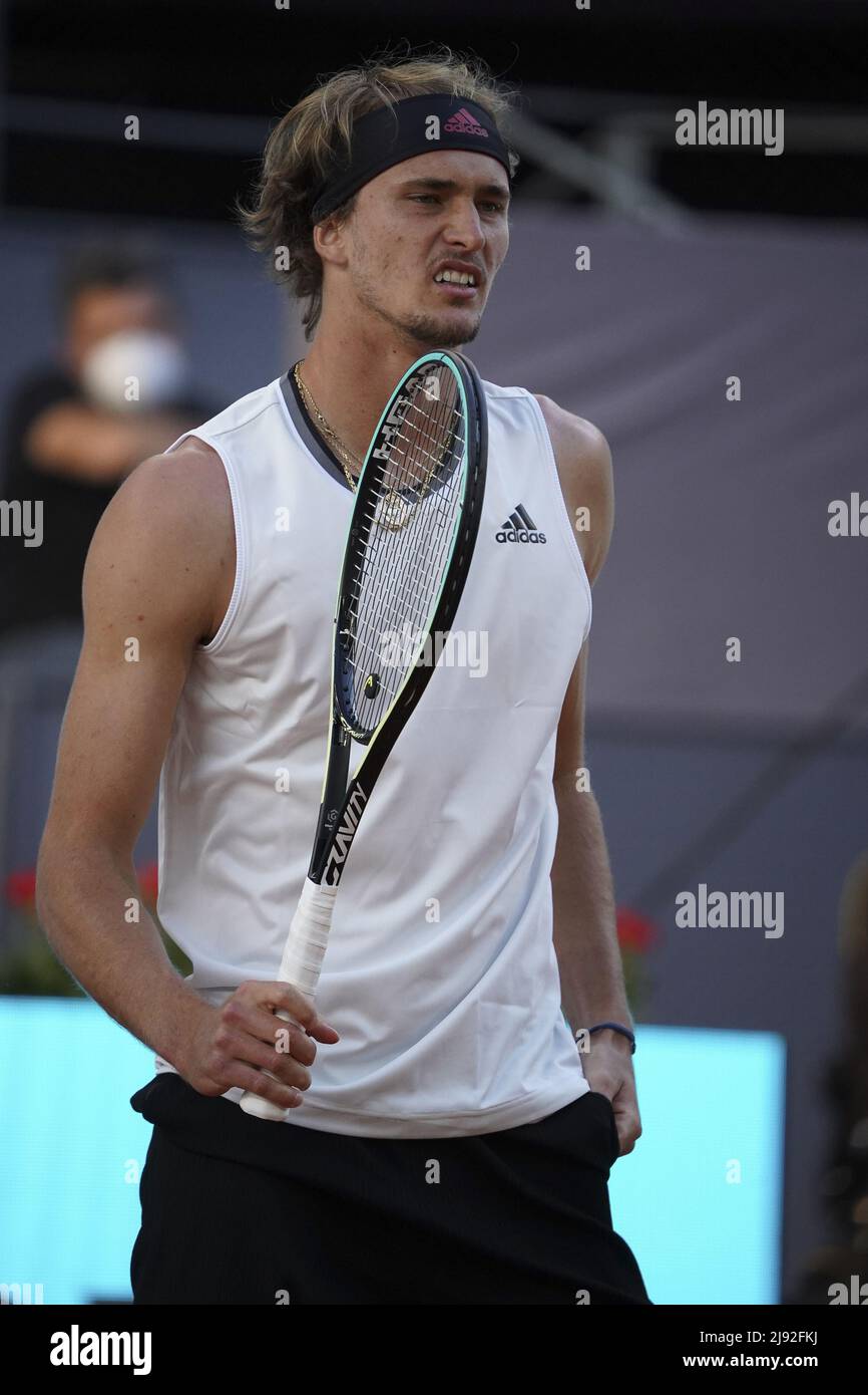 Alexander Zverev of Germany in action during his third round match against  Daniel Evans of Great Britain during day eight of the Mutua Madrid Open at  La Caja Magica on May 06,