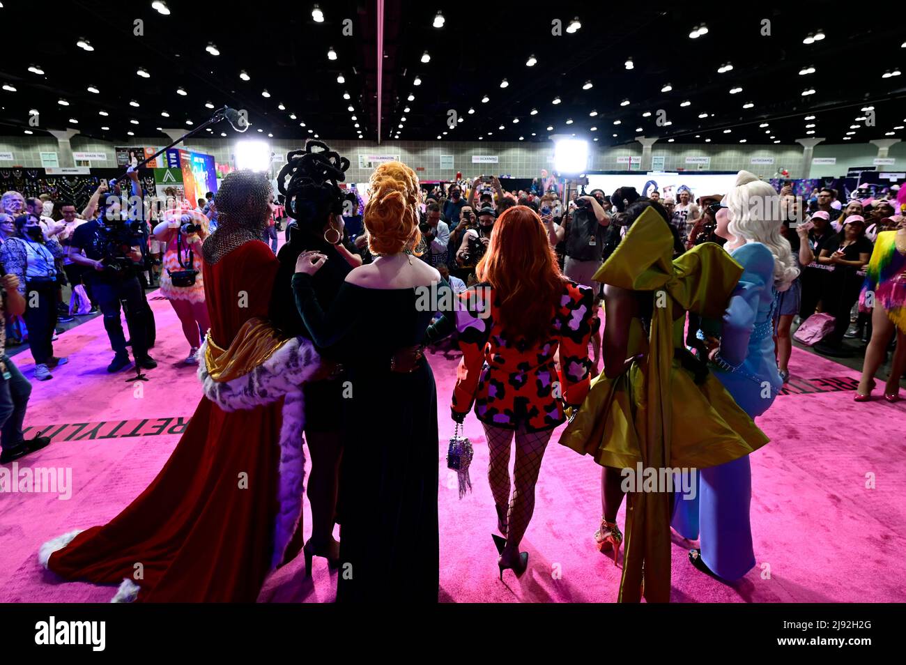 (From R) Cast members The Vivienne, Shea Coule, Trinity The Tuck, Jinkx Monsoon, Monet X Change and Raja of RuPaul's Drag Race All Stars Season 7 pose after the Pink Ribbon cutting ceremony during the 2022 Rupaul DragCon, Day 1, held at the LA Convention Center in Los Angeles, California, Friday, May 13, 2022.  Photo by Jennifer Graylock-Graylock.com 917-519-7666 Stock Photo