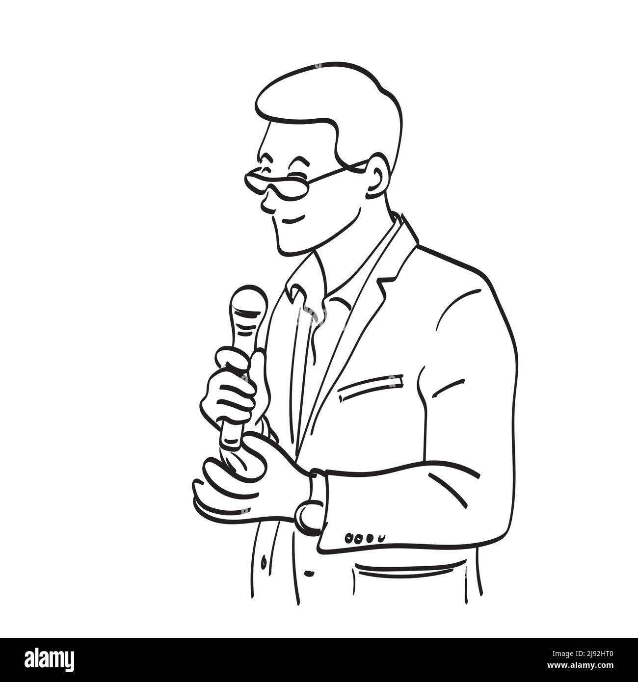 line art businessman with glasses holding microphone illustration ...