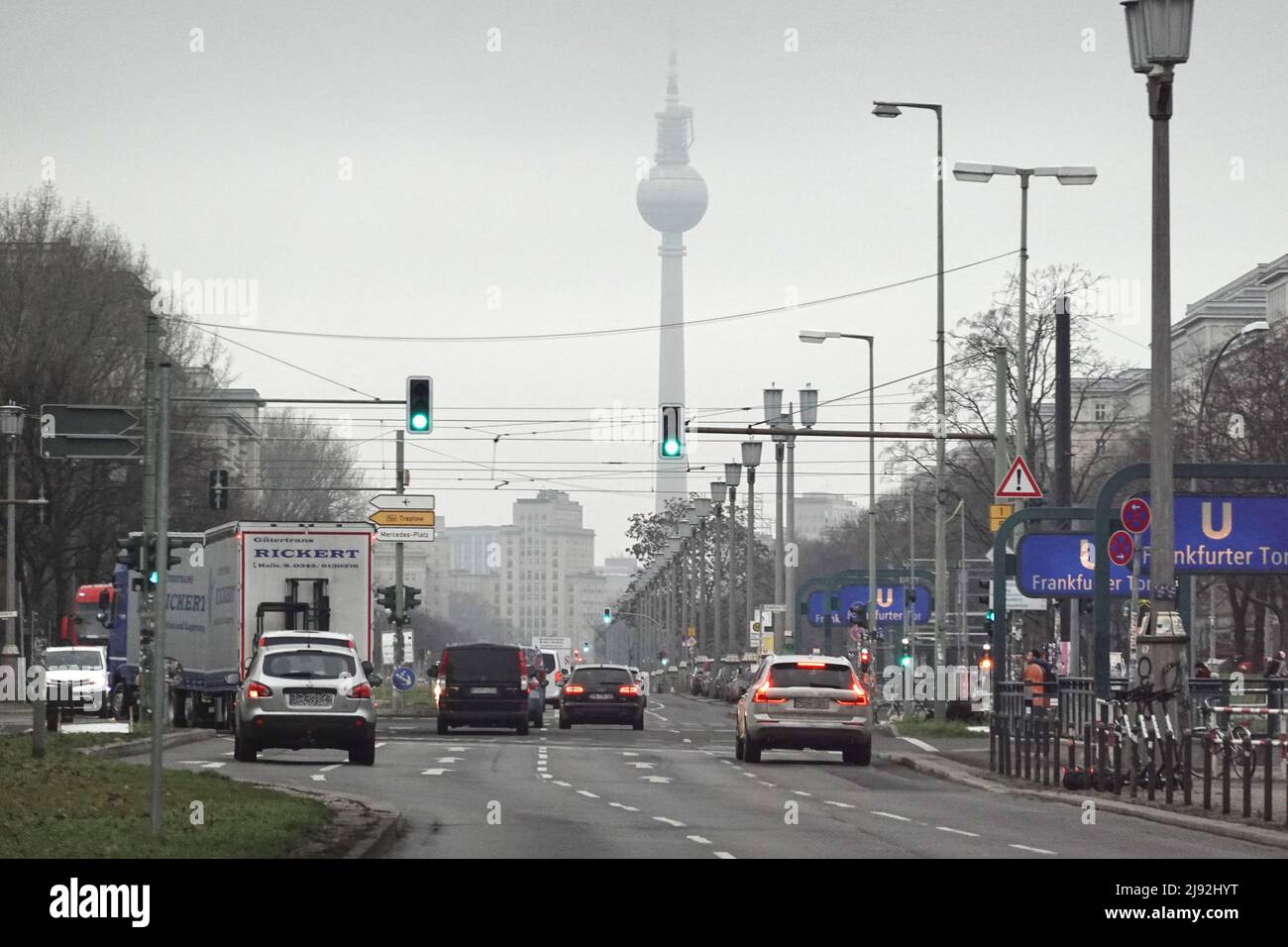 08.01.2021, Berlin, , Germany - Car traffic on Karl-Marx-Allee near Frankfurter Tor. 00S210108D416CAROEX.JPG [MODEL RELEASE: NO, PROPERTY RELEASE: NO Stock Photo