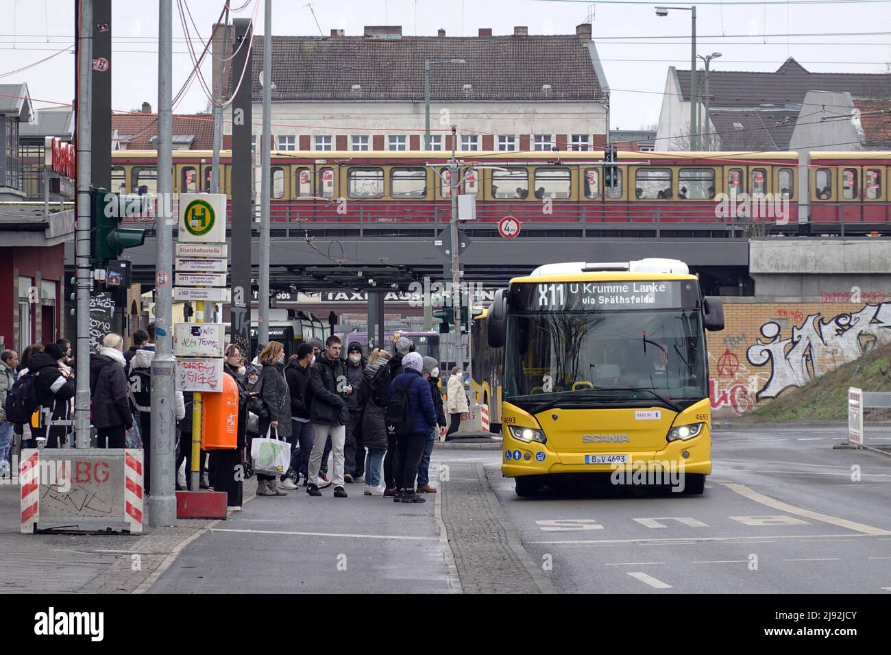14.12.2021, Berlin, , Germany - Bus of line X11 to U Krumme Lanke at Schoeneweide S-Bahn station. 00S211214D140CAROEX.JPG [MODEL RELEASE: NO, PROPERTY Stock Photo