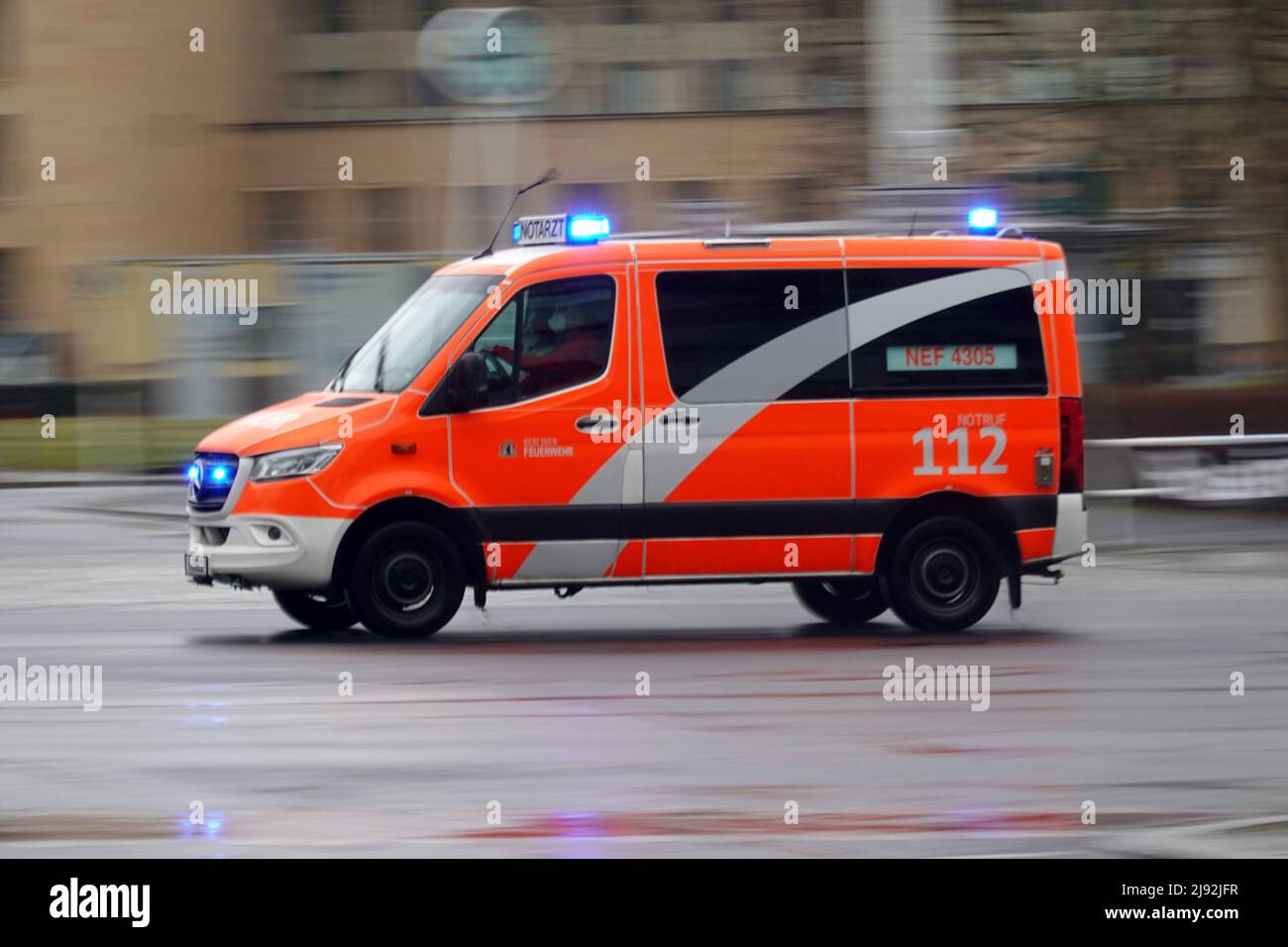 16.02.2022, Berlin, , Germany - Emergency ambulance of Berlin fire department on mission. 00S220216D750CAROEX.JPG [MODEL RELEASE: NO, PROPERTY RELEASE Stock Photo
