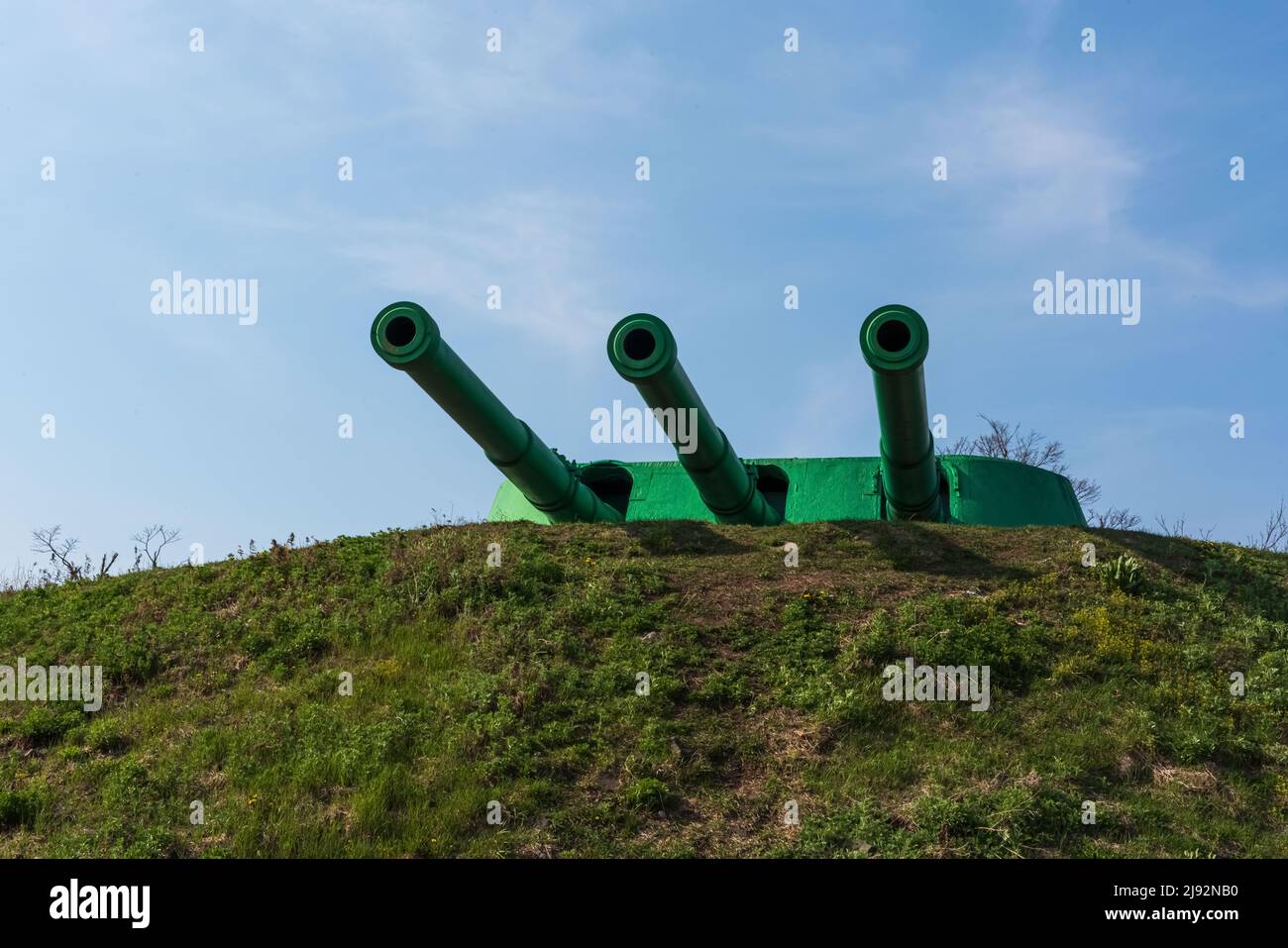 Voroshilov battery - ship tower guns on the Russian island. High quality photo Stock Photo