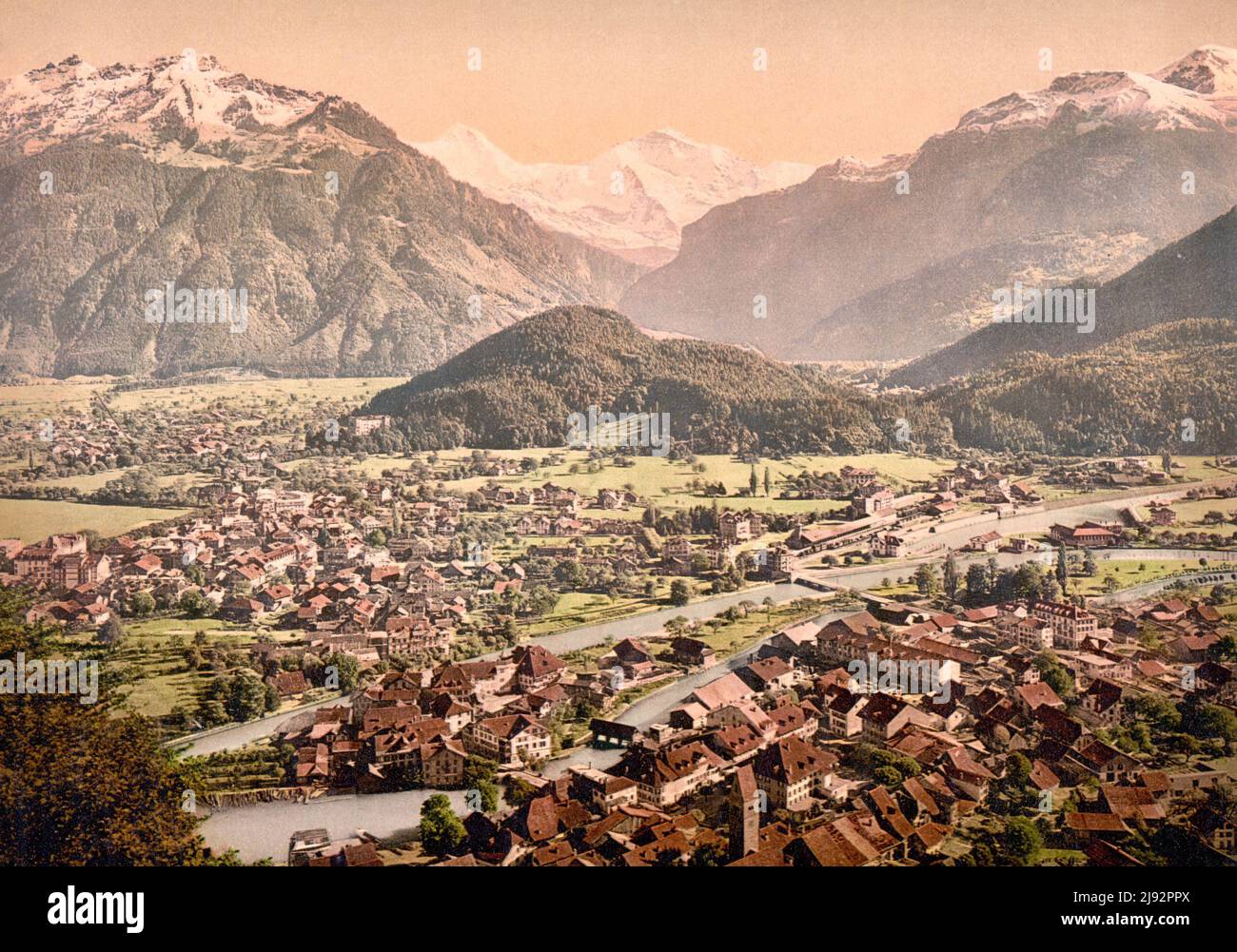 Interlaken and Unterseen, Bernese Alps, Bern, Switzerland 1890 Stock