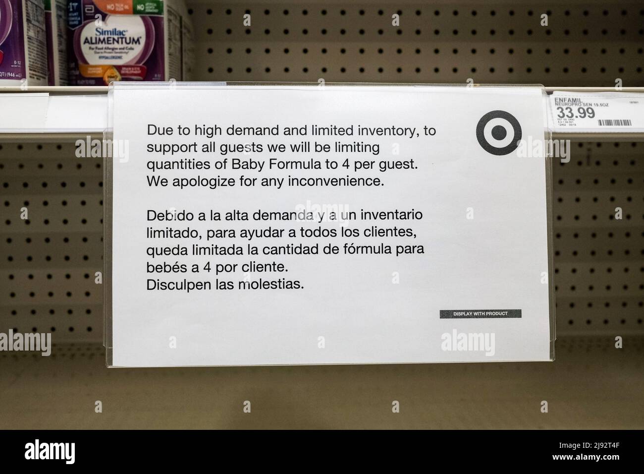 Selinsgrove, United States. 19th May, 2022. A sign on a nearly empty shelf informs customers that baby formula sales are limited to four units per child at a Target store. Baby formula has been in short supply for months at stores in the United States due to product recalls and supply chain issues. Credit: SOPA Images Limited/Alamy Live News Stock Photo